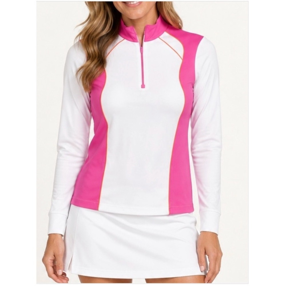 EP NY Pro Golf Quarter Zip Mock Neck Top Womens S White Pink Long Sleeve